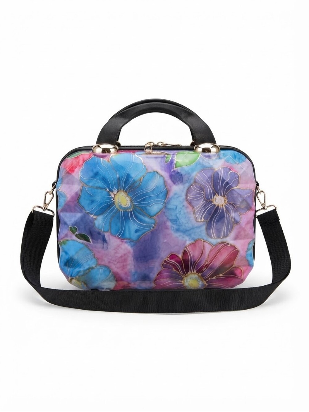 Triforce Firenze Collection 12" Navy Watercolor Floral Hardside Beauty Case / Va